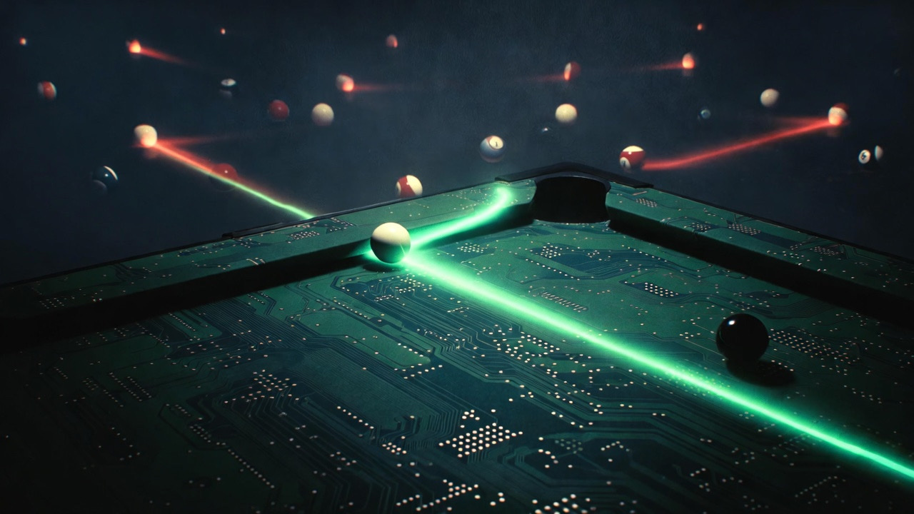 A billiard table with circuit board surface, green light beam reflecting off a cue ball while red beams scatter into darkness